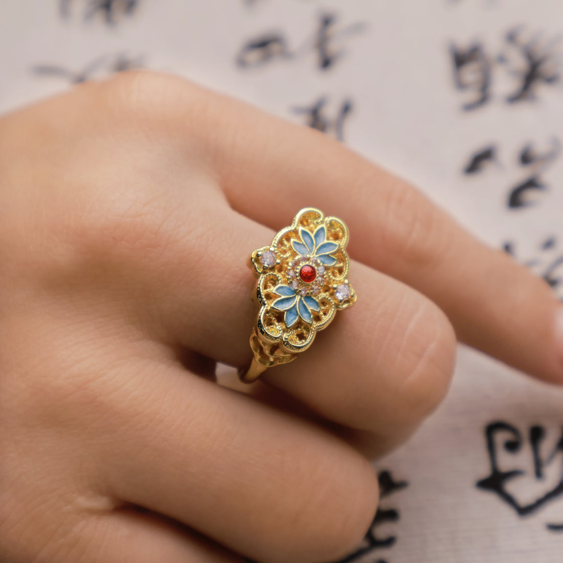 Blue Lace Enamel Taoist Ring · Sigil Embroidery · Celestial Threads Binding